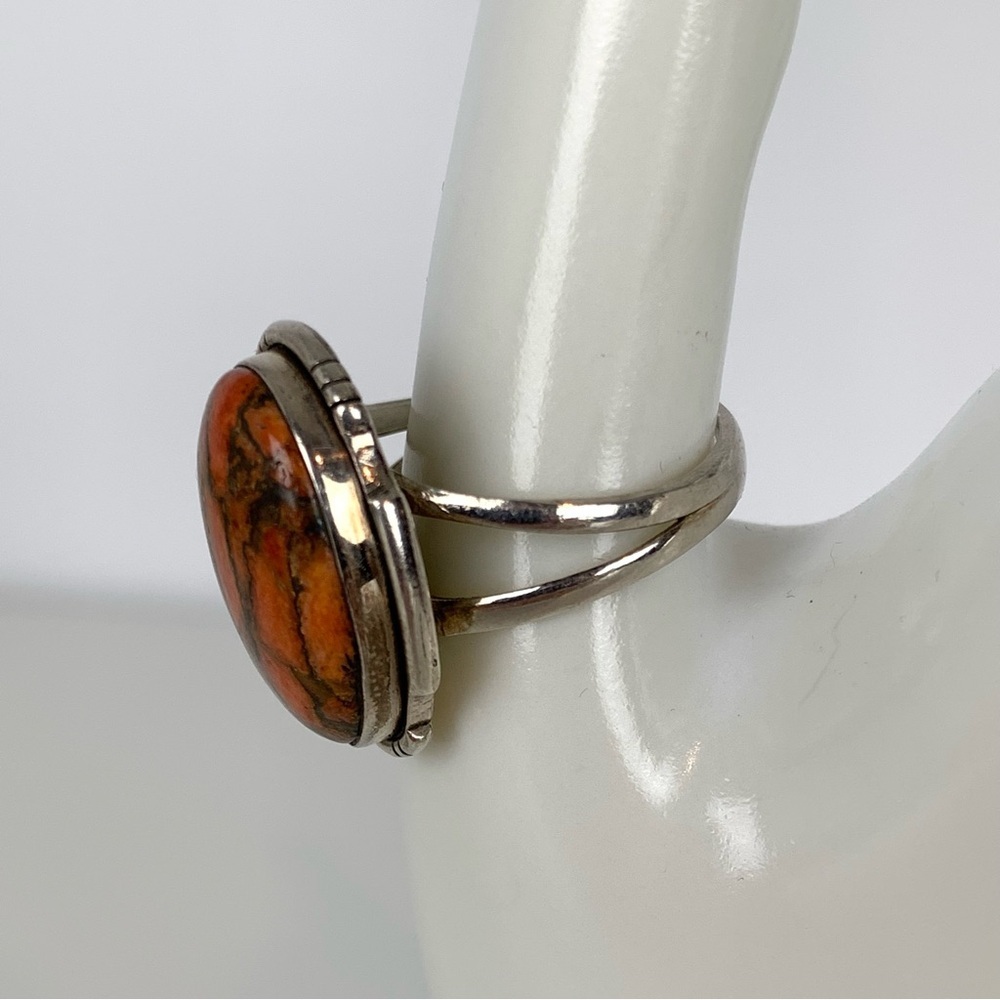 Sterling Silver Ring Oval Red Jasper Split Shank Sz 10.5 Stamped 925 Fiery Vtg - Picture 3 of 13
